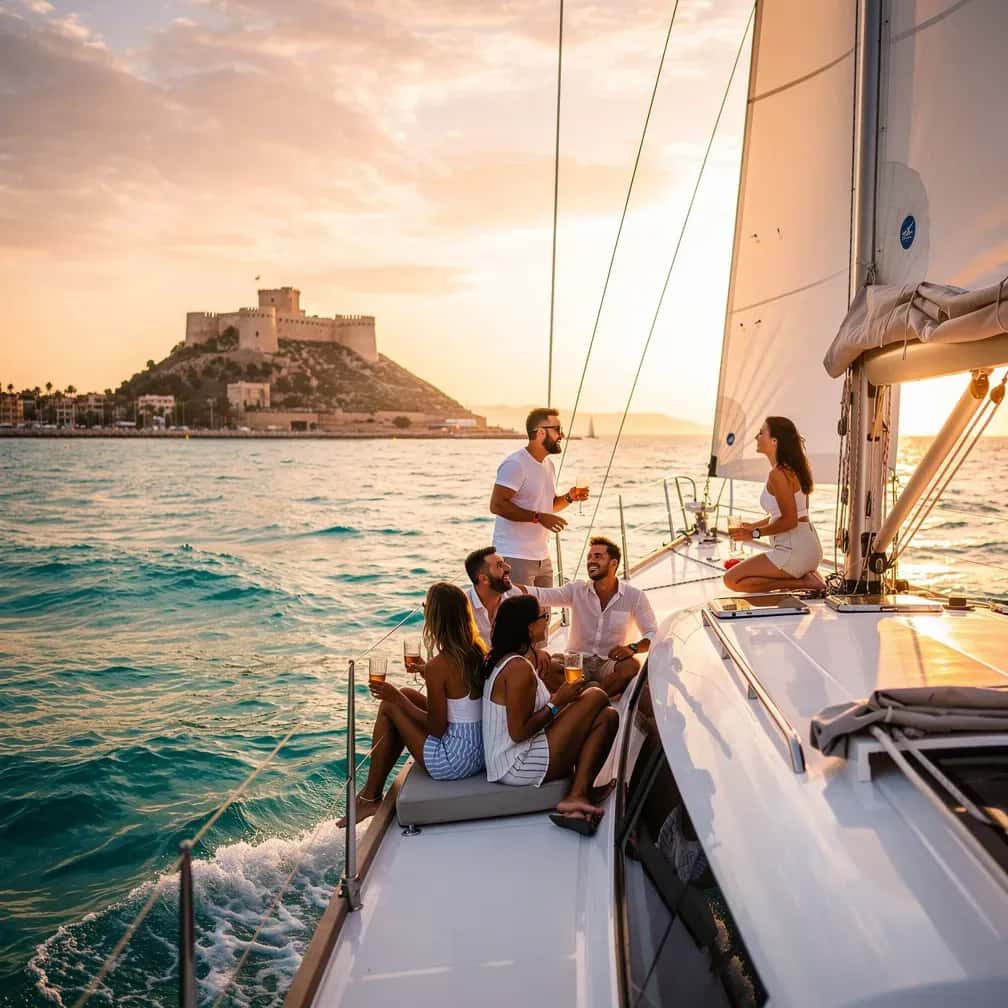 Velero Peggy navegando al atardecer frente a la costa de Alicante