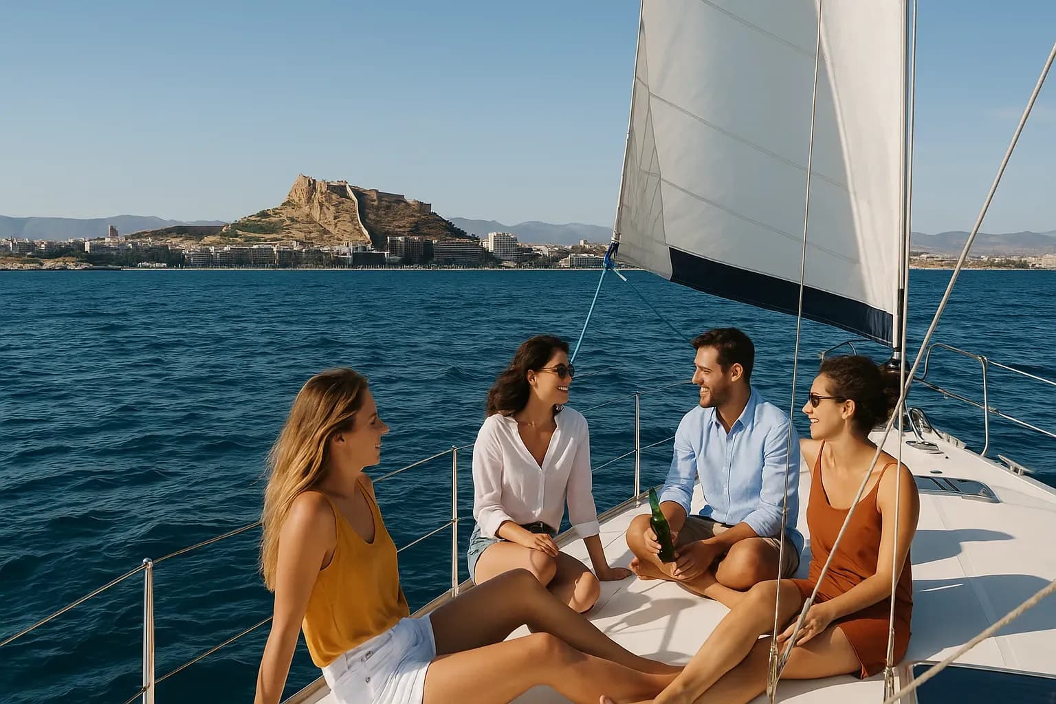 Grupo de amigos disfrutando de una excursión en velero frente a la costa de Alicante, con el castillo de Santa Bárbara al fondo y el mar Mediterráneo en calma, durante un día soleado de verano.