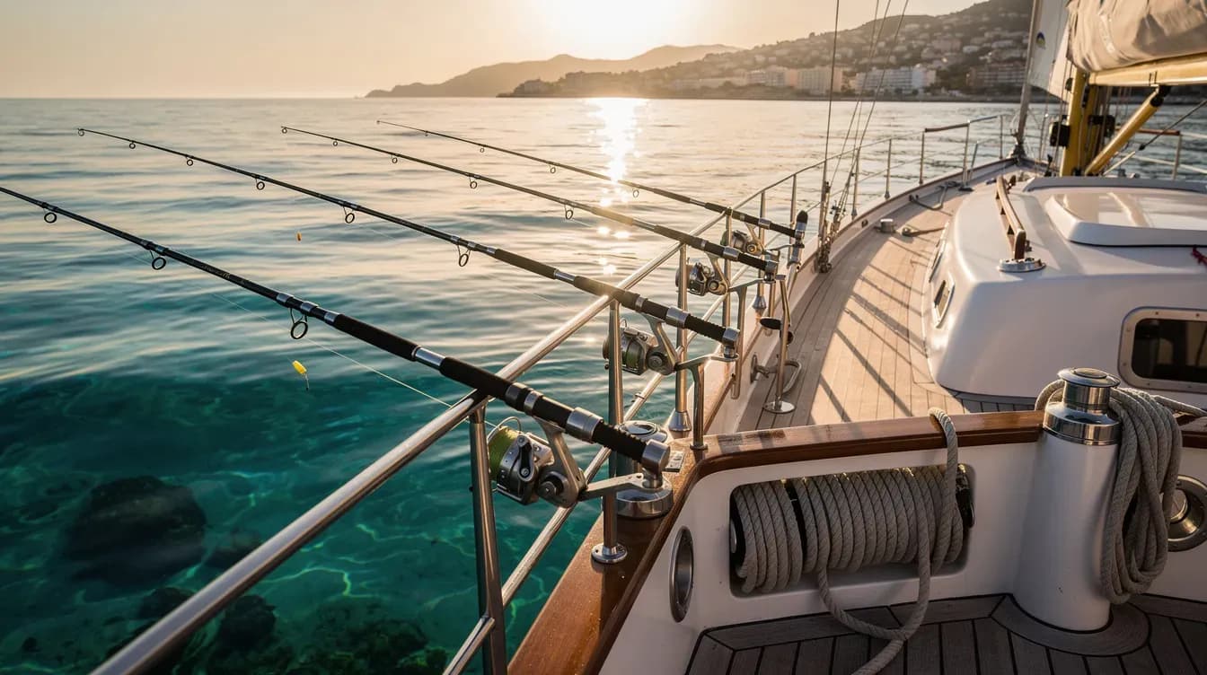 Pescador deportivo en velero lanzando caña en aguas turquesas de la Costa Blanca