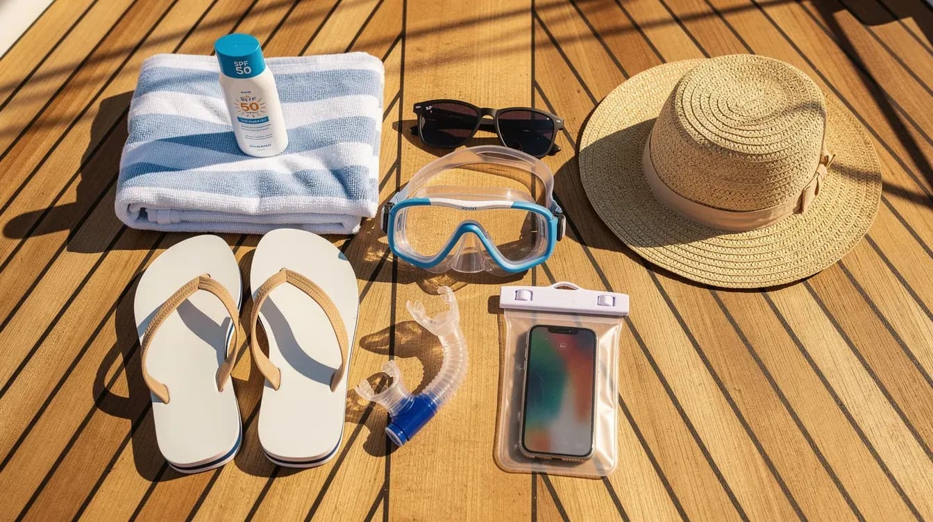 Flat lay de objetos esenciales para un paseo en barco sobre cubierta de velero: crema solar, gafas, chanclas, toalla y snorkel