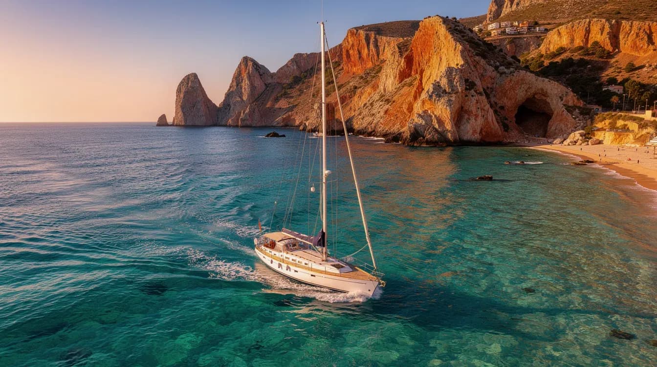 Velero navegando por la costa de Alicante con calas y agua turquesa del Mediterráneo