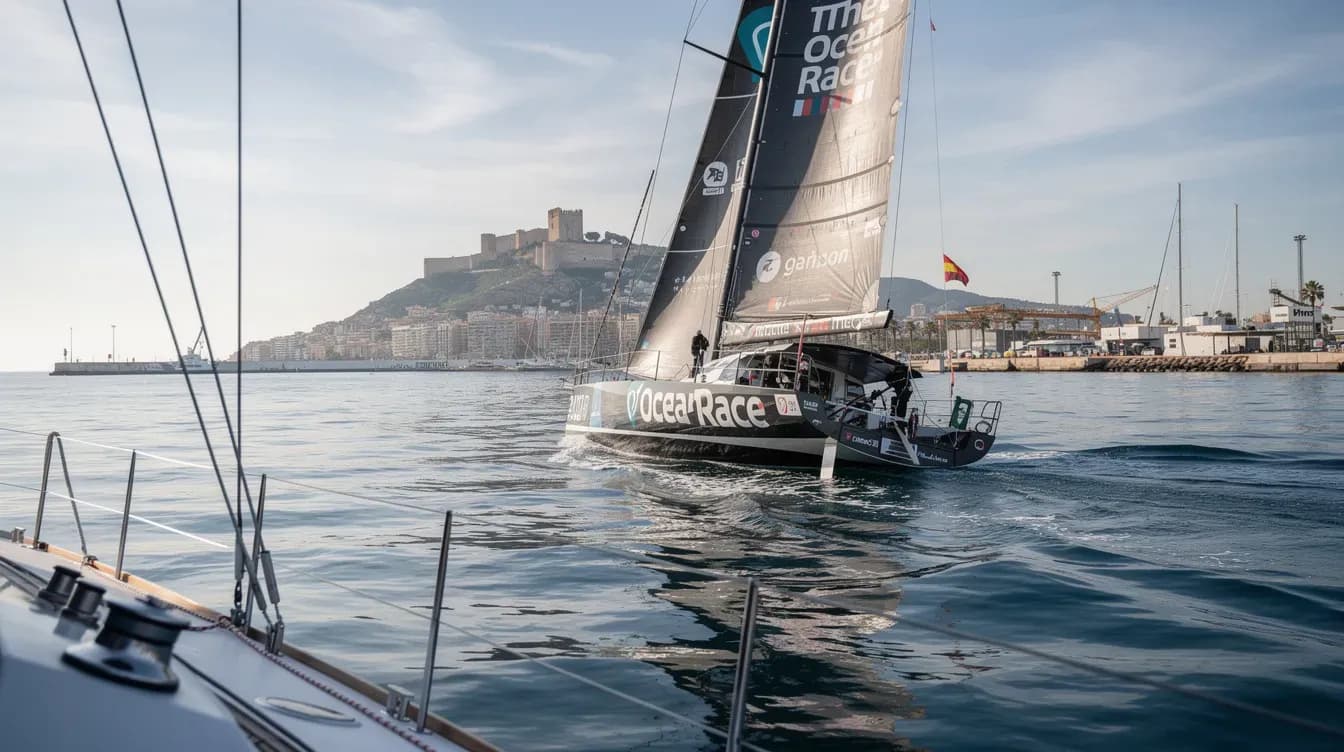 Salida de un IMOCA 60 de The Ocean Race 2027 vista desde otro velero en la bahía de Alicante