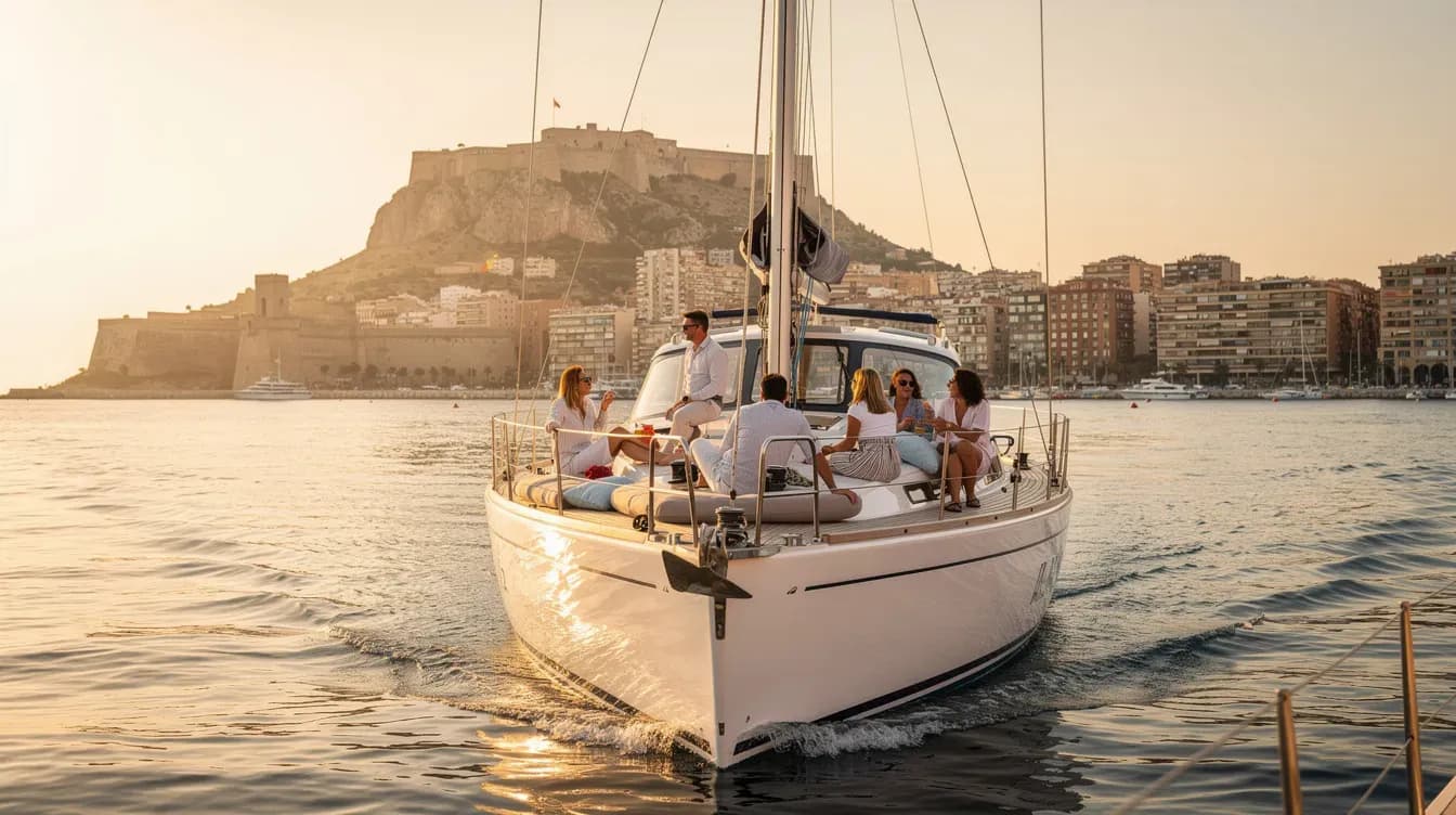 Alquiler de barco en Alicante por horas en velero privado frente al Castillo de Santa Bárbara