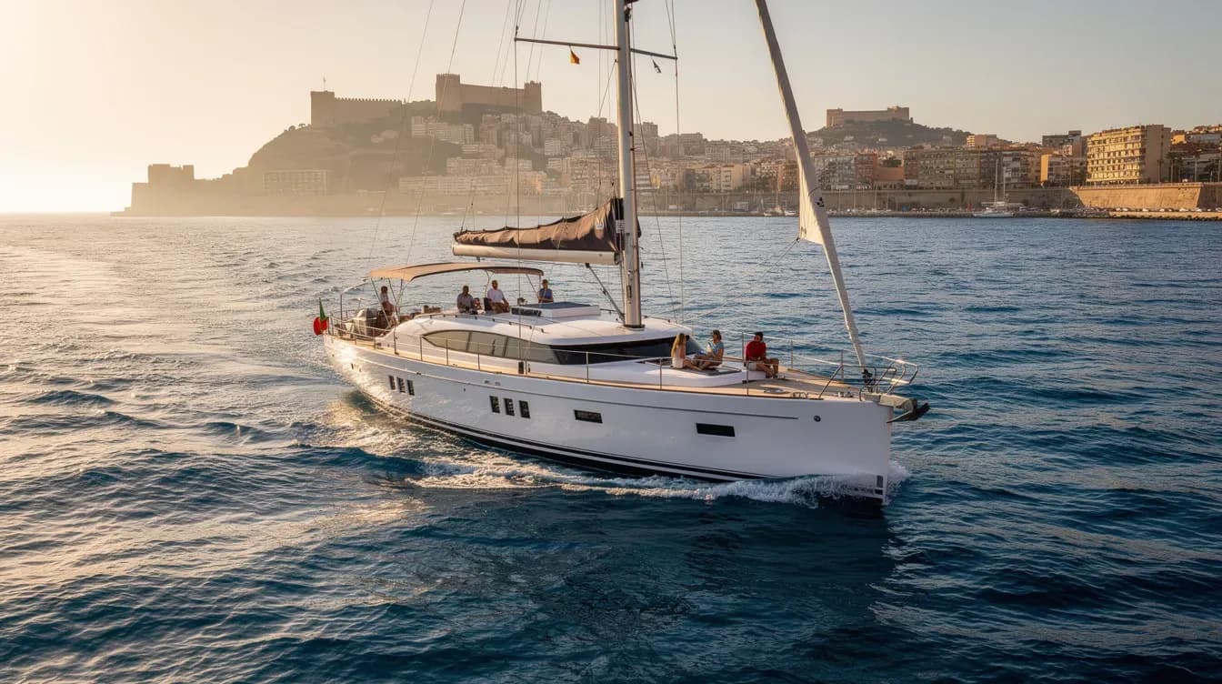 Velero privado saliendo del puerto de Alicante al inicio de julio