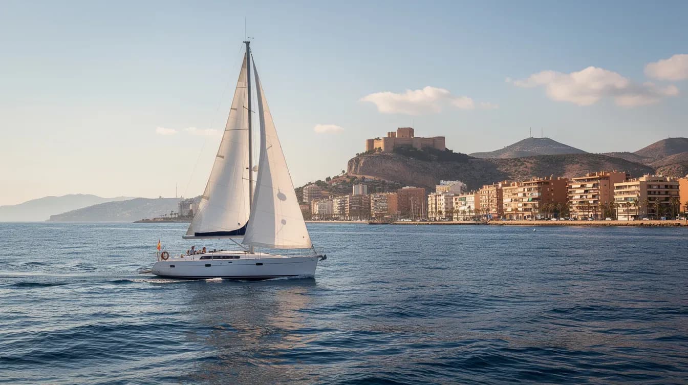 Velero navegando con brisa marina de julio frente a Alicante
