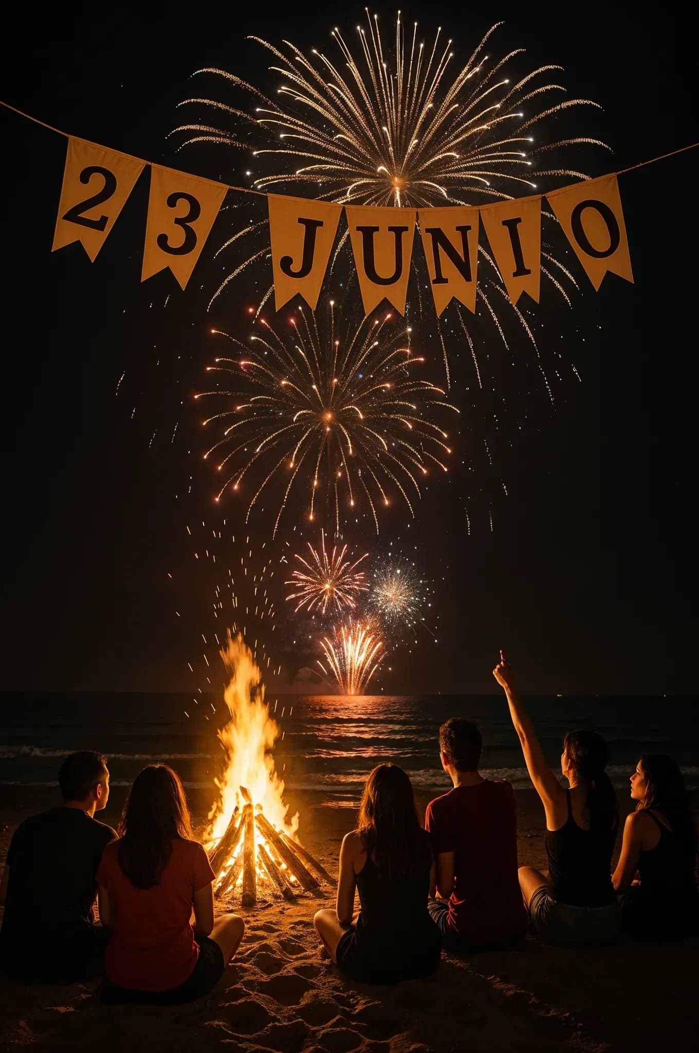 Group of people sitting on the beach around a bonfire, watching fireworks over the sea during Saint John's Eve, with a banner reading '23 JUNE' hanging above them.