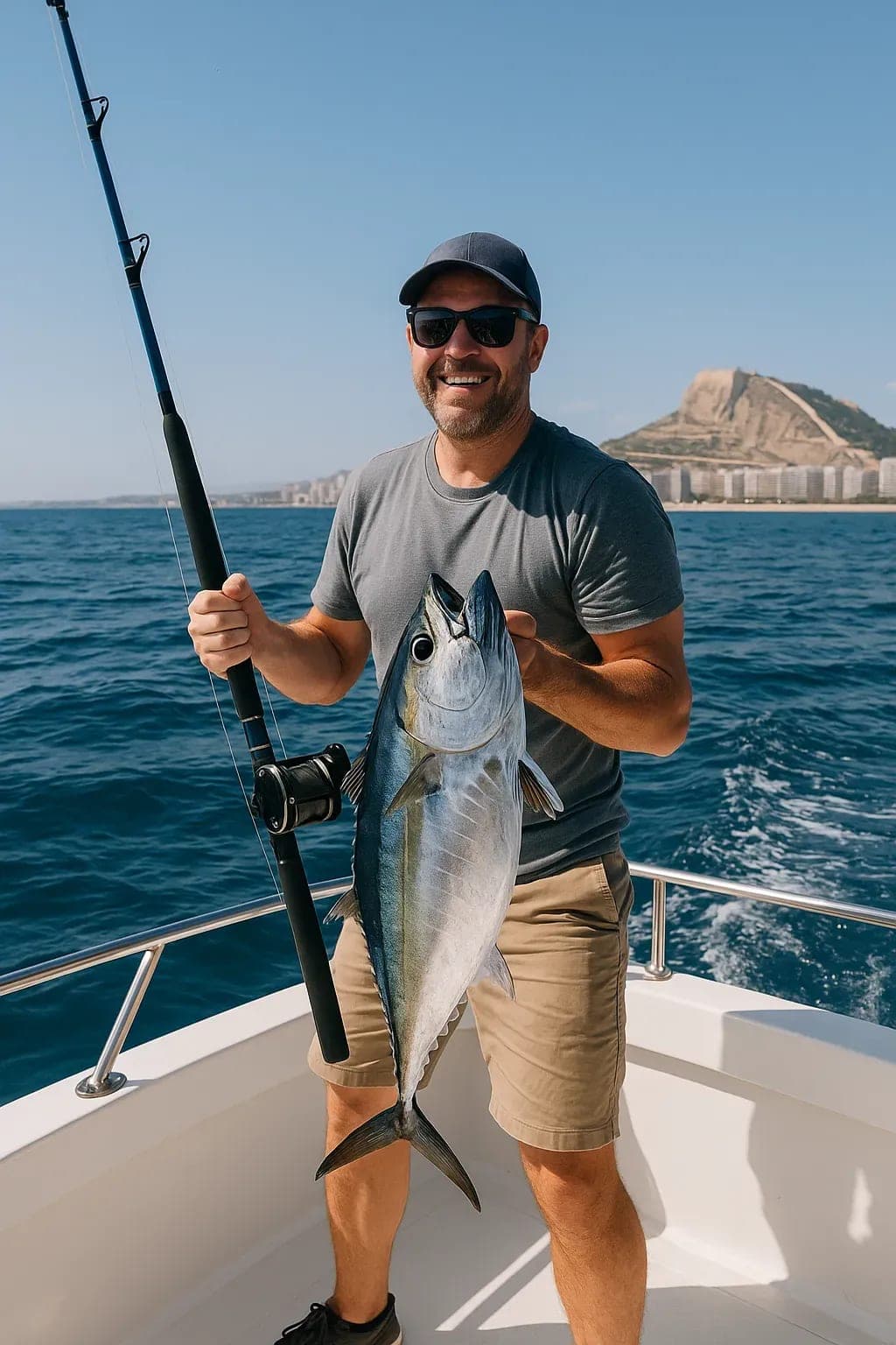 A smiling man wearing a grey t-shirt, cap, and sunglasses holds a freshly caught medium-sized tuna next to his fishing rod, aboard a sailboat off the coast of Alicante, with the blue sea and Santa Bárbara Castle in the background.