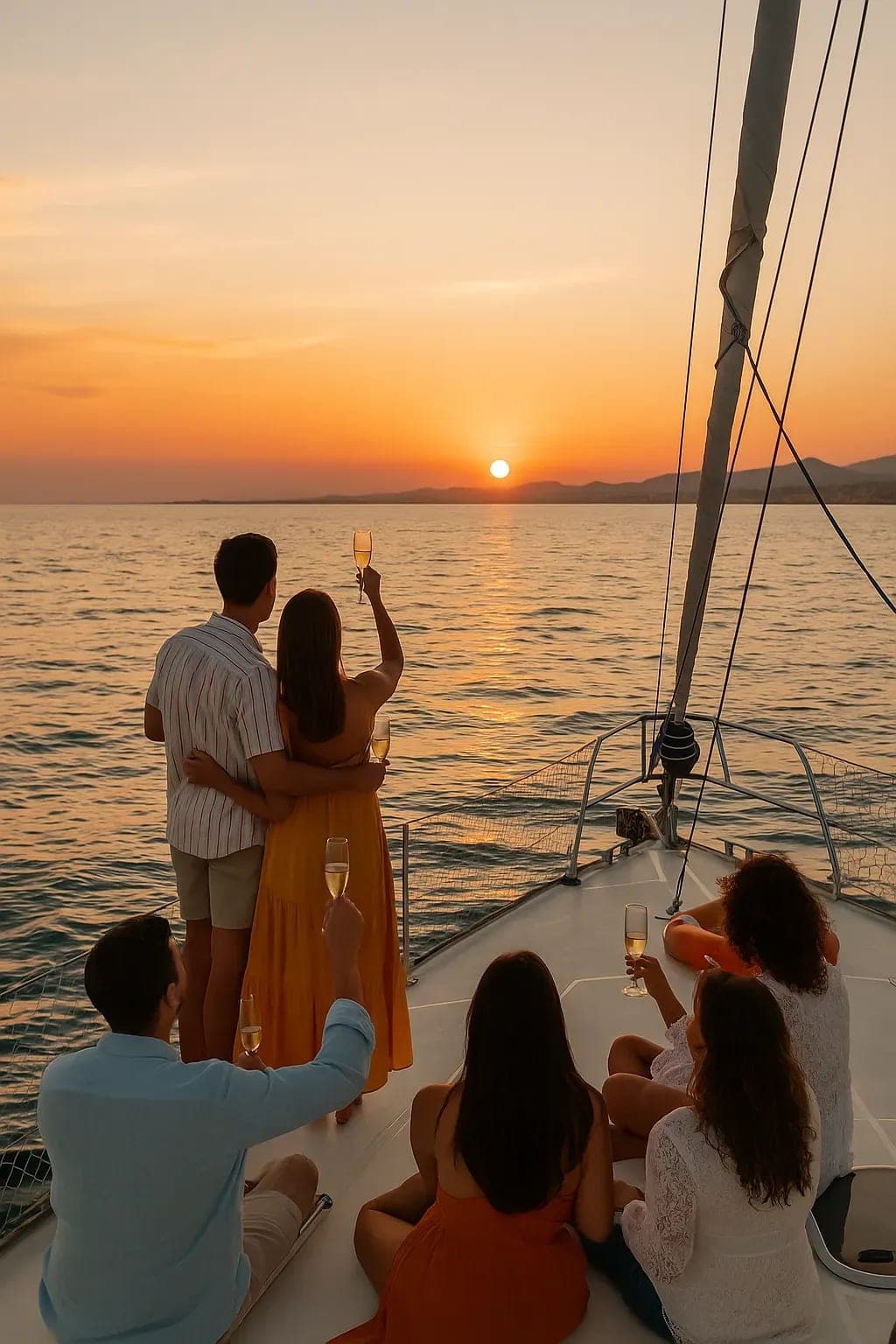Group of friends toasting with cava at sunset on a sailboat off the coast of Alicante during a private boat rental experience.