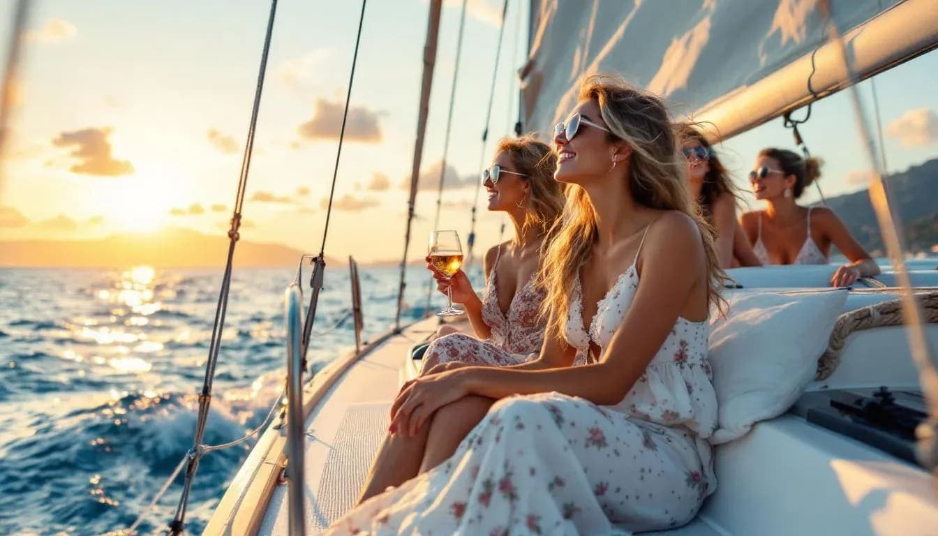 Group of friends celebrating a bachelorette party on a sailing yacht off the Alicante coast at sunset