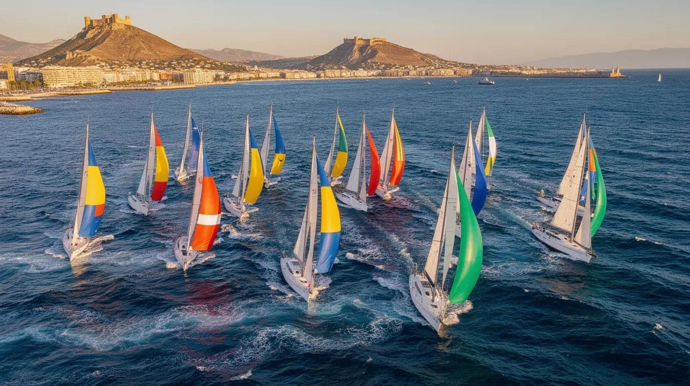 Flota de veleros de crucero compitiendo en el Trofeo 2 ISLAS A2 frente a la costa de Alicante al atardecer