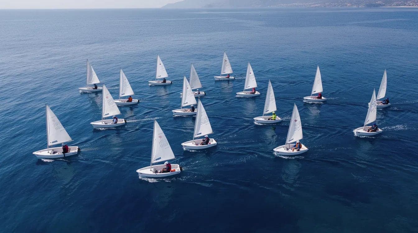 Jóvenes regatistas navegando en Optimists durante una competición de vela infantil en Alicante