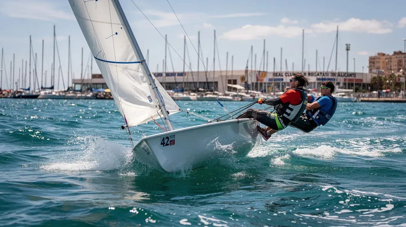 Young 420 dinghy sailors training in Alicante waters with the Real Club de Regatas in the background