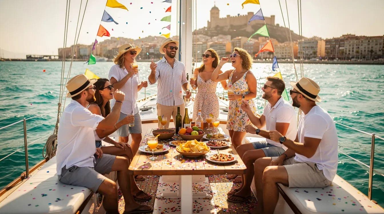 Group of friends celebrating a private party on a sailboat off the coast of Alicante with decorations and open bar