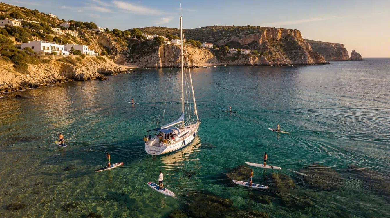 Velero blanco fondeado en una cala turquesa de Alicante con pasajeros nadando y haciendo paddle surf