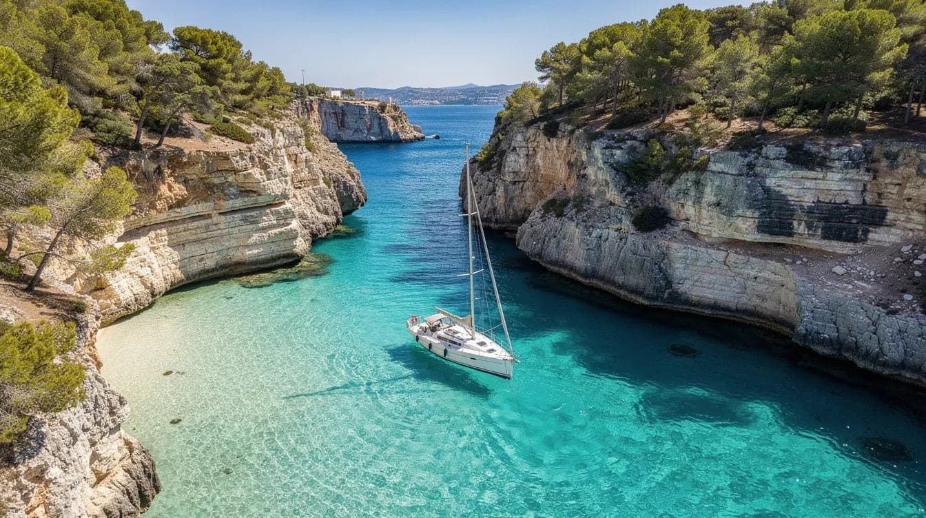 Velero fondeado en una cala turquesa del Mediterráneo cerca de Alicante en verano