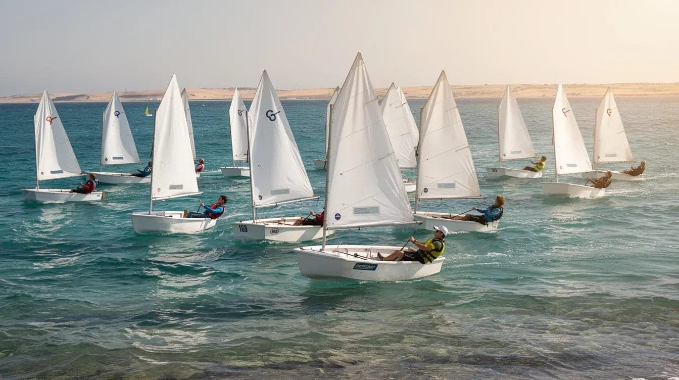 Flota de Optimist compitiendo en aguas de Santa Pola durante el Campeonato Autonómico 2026