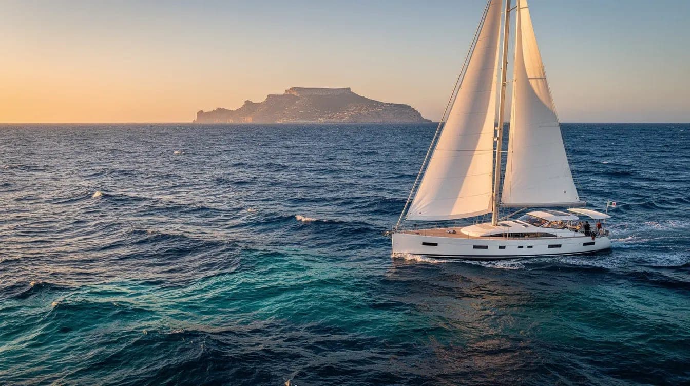 Sailing yacht crossing open Mediterranean waters between Alicante and Formentera at sunset