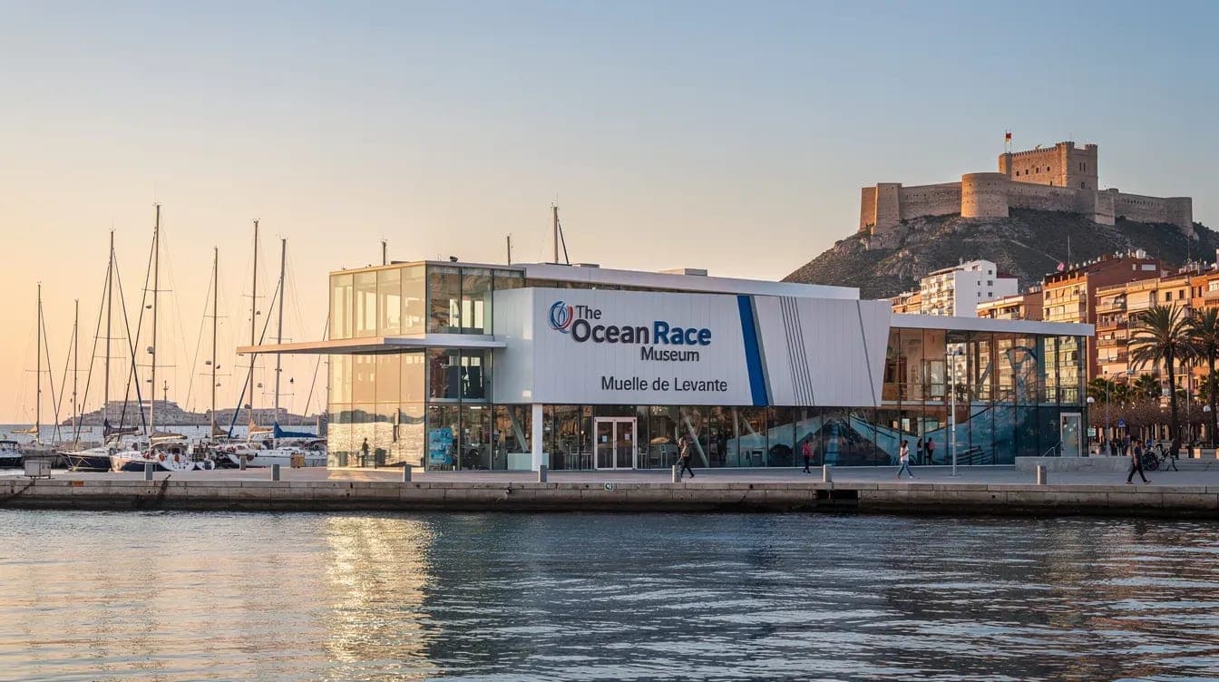 Fachada del Museo The Ocean Race en el Muelle de Levante de Alicante, con el castillo de Santa Bárbara al fondo