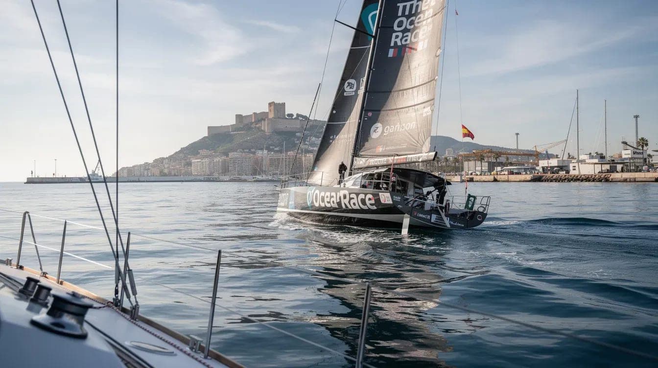 Salida de un IMOCA 60 de The Ocean Race 2027 vista desde otro velero en la bahía de Alicante