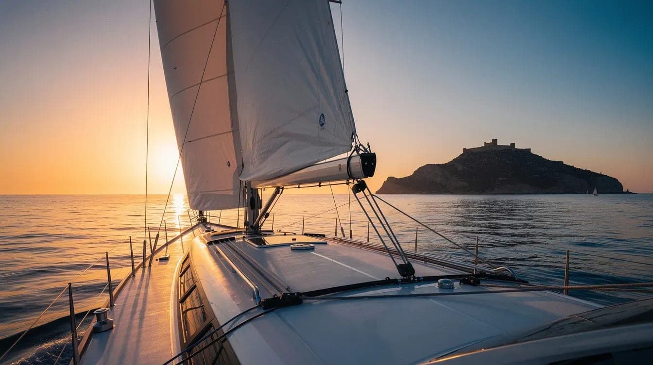 Velero navegando frente a la costa de Alicante al atardecer en junio, alquiler de barco