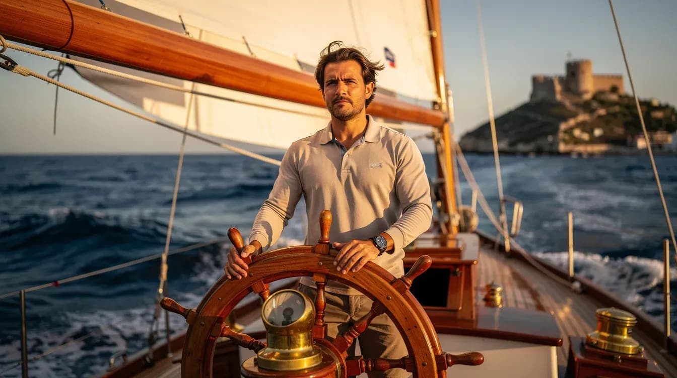 Patrón profesional al timón de un velero de 19 m durante un alquiler de barco con patrón en Alicante al atardecer