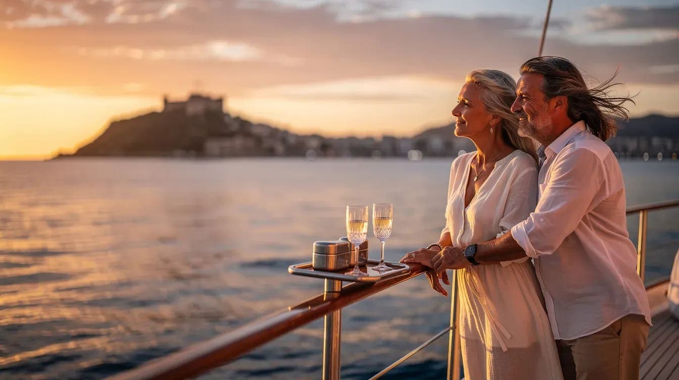 Pareja celebrando su aniversario en un velero frente a la costa de Alicante al atardecer