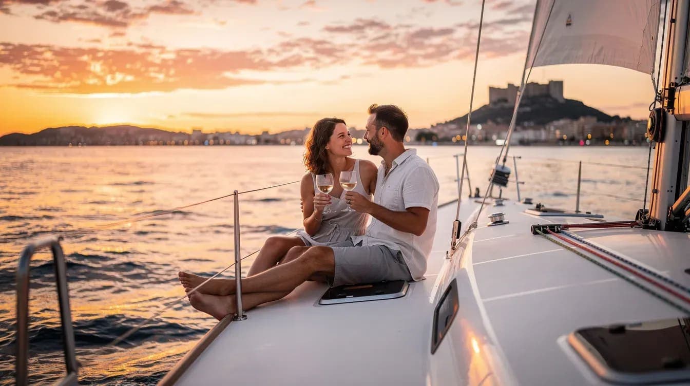 Pareja en la cubierta de un velero frente a la costa de Alicante al atardecer