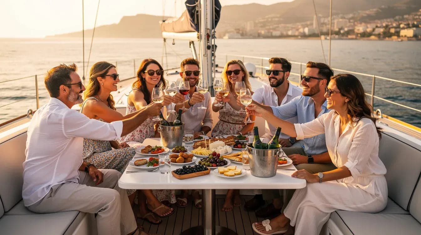 Grupo de amigos brindando en la cubierta de un velero en Alicante al atardecer durante una celebración privada