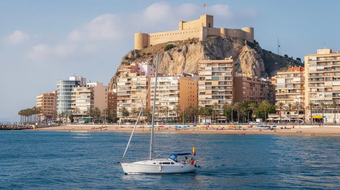 Velero navegando por la bahia de Alicante con el Castillo de Santa Barbara al fondo