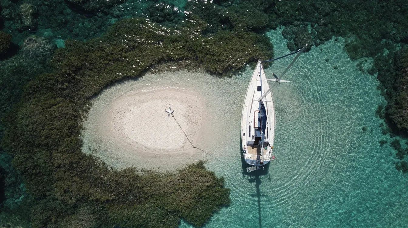 Velero fondeado sobre arena clara en aguas de la Costa Blanca, evitando praderas de posidonia
