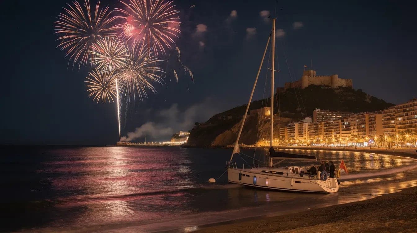 Fuegos artificiales de Hogueras vistos desde un velero en Alicante con fondeo responsable