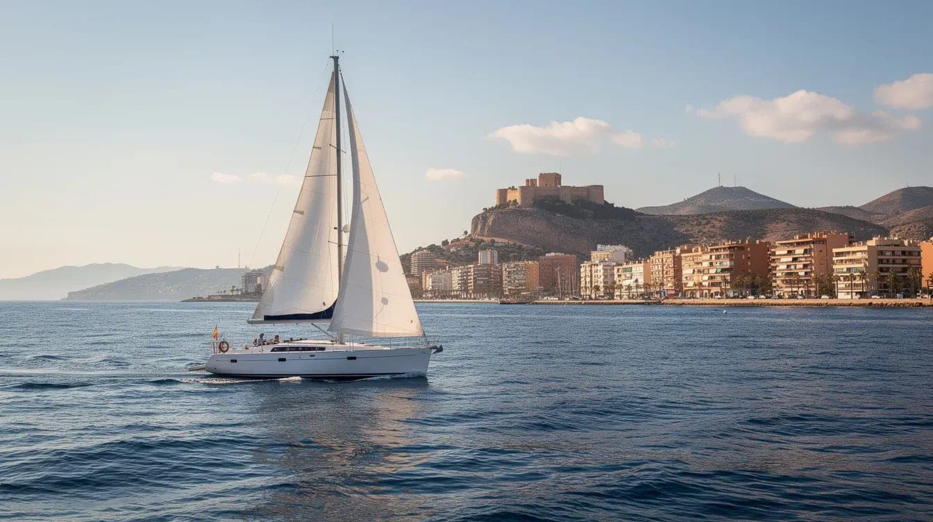 Velero navegando con brisa marina de julio frente a Alicante