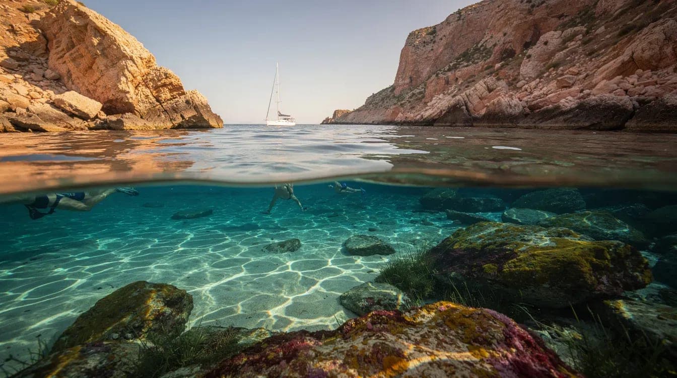 Snorkel en Alicante en julio cerca de una cala rocosa con velero al fondo