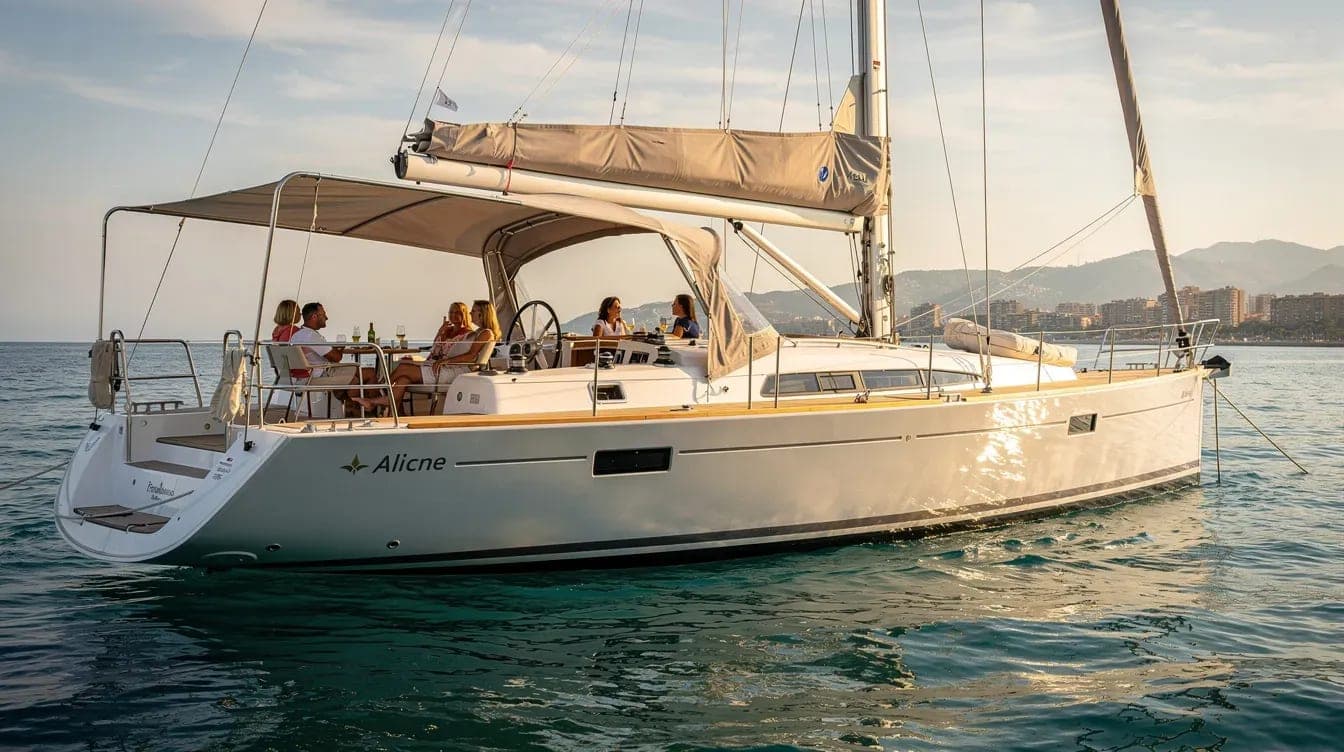 Velero privado navegando en agosto frente a la costa de Alicante con luz de verano