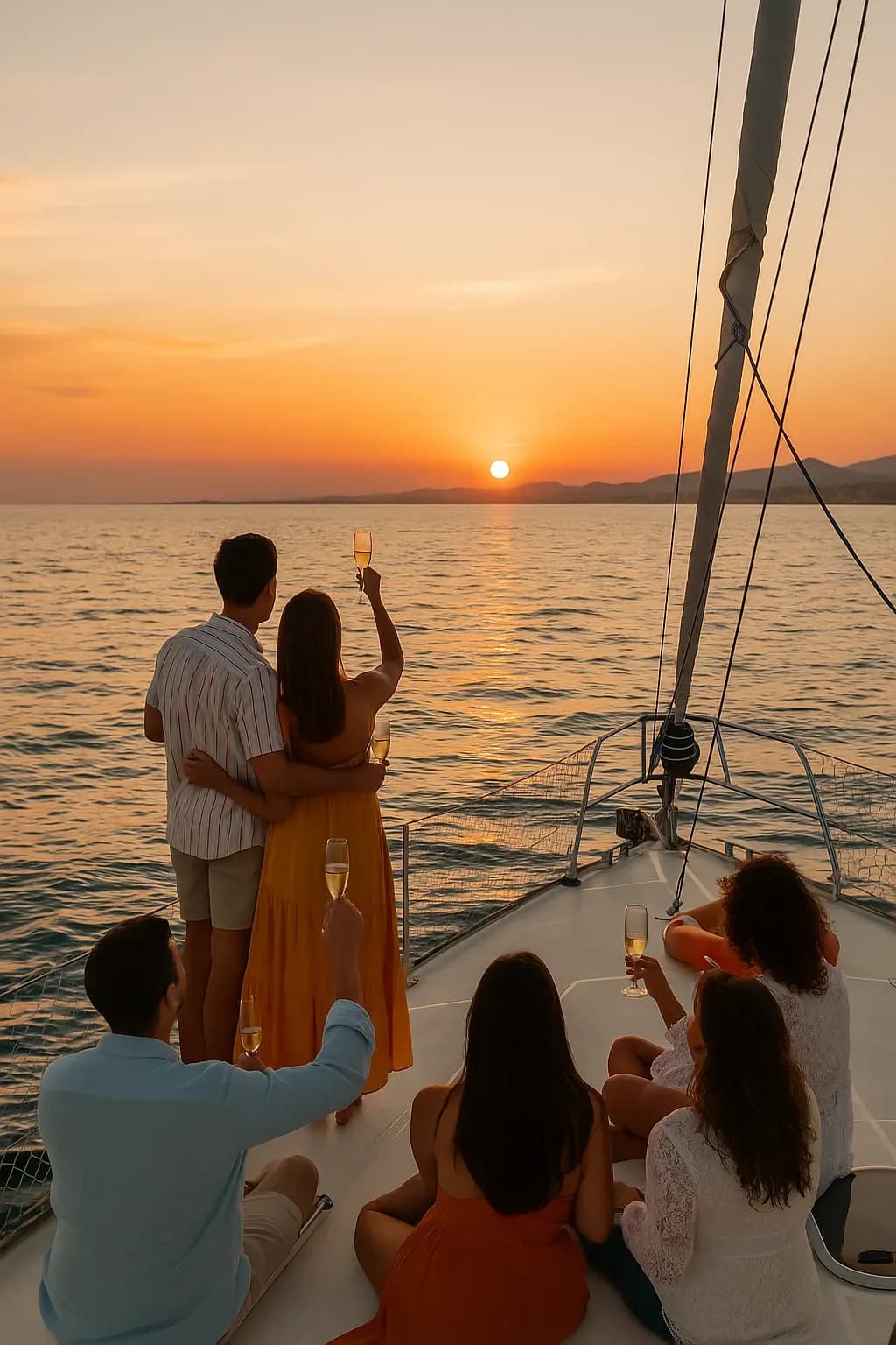Grupo de amigos brindando con cava al atardecer en un velero frente a la costa de Alicante durante una experiencia de alquiler privado de barco.