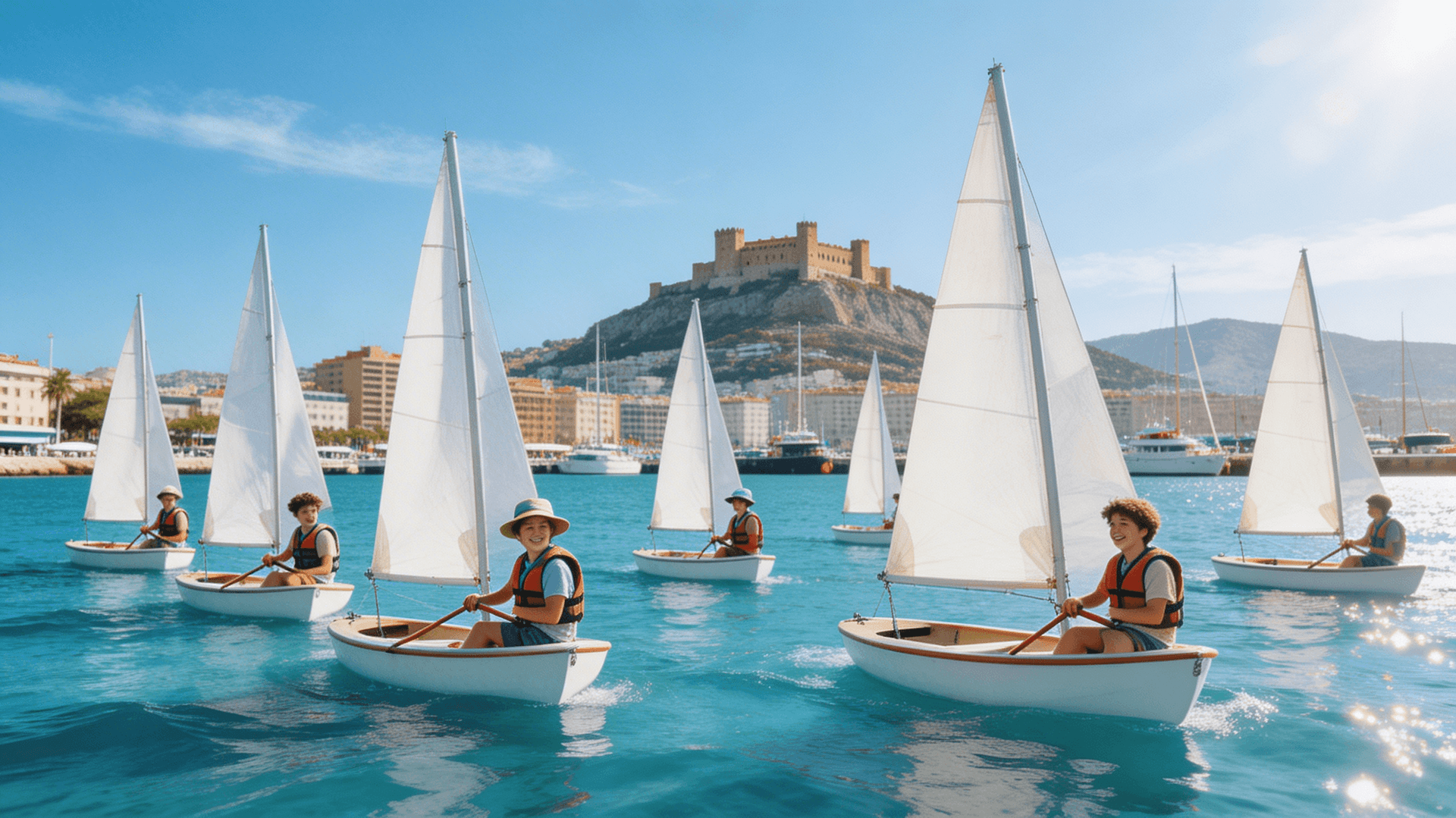 Jóvenes regatistas en Optimist durante los Jocs Esportius en el Real Club de Regatas de Alicante