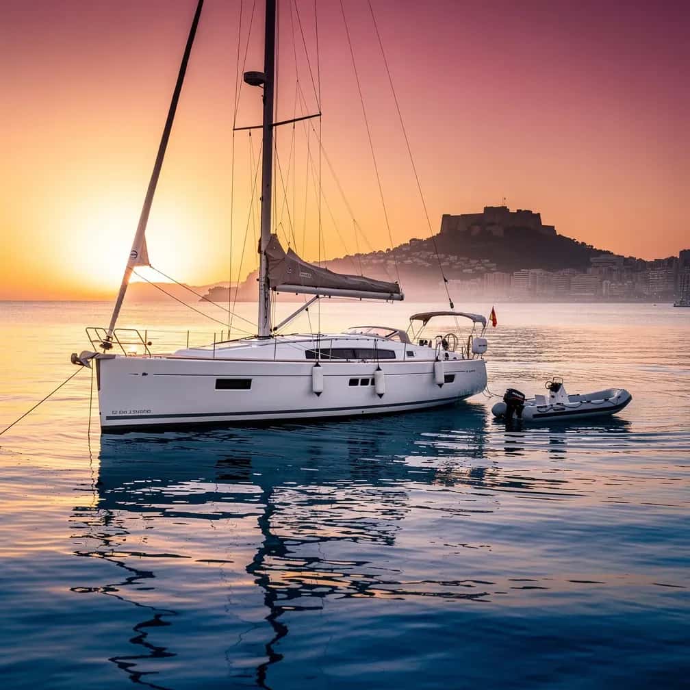 Velero Peggy fondeado al atardecer con el Castillo de Santa Bárbara al fondo
