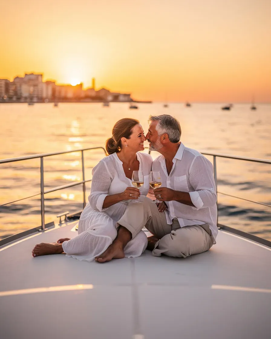 Sunset privado en barco en Alicante: pareja brindando con vino en la cubierta del velero al atardecer