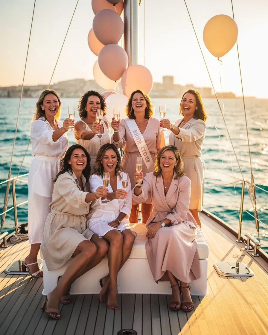 Despedida de soltera en barco en Alicante: grupo brindando con champan en la cubierta del velero al atardecer