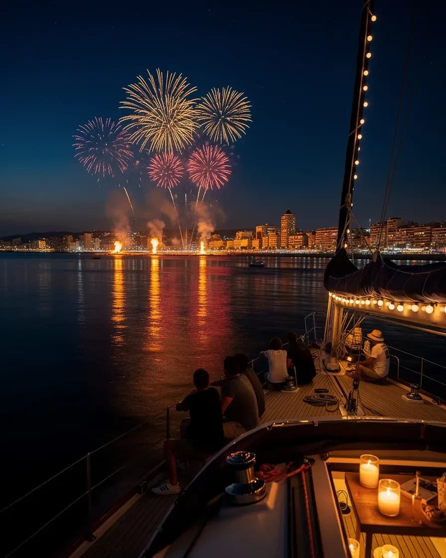 Noche de San Juan en barco en Alicante: velero anclado frente a las hogueras y fuegos artificiales de la costa