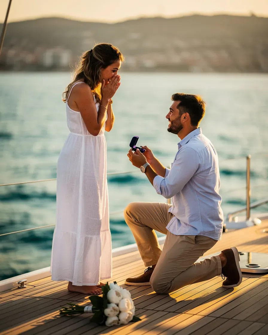 Pedida de mano en barco en Alicante: hombre proponiendo matrimonio en la cubierta del velero al atardecer