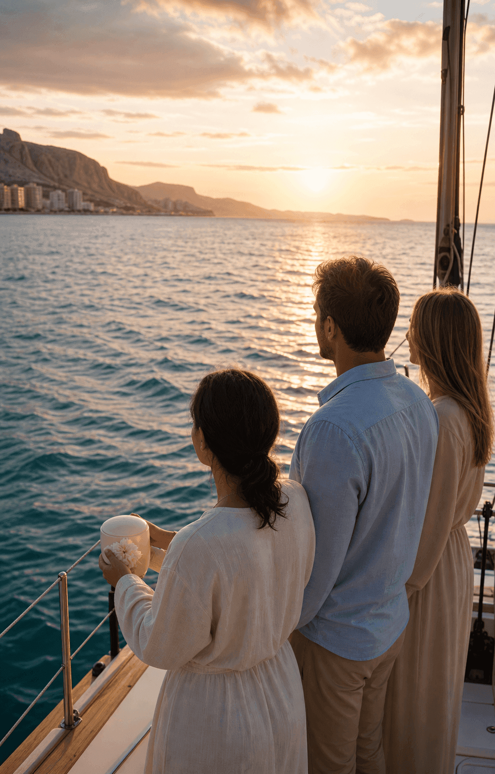 Ceremonia privada para esparcir cenizas en el mar en Alicante desde un barco al atardecer